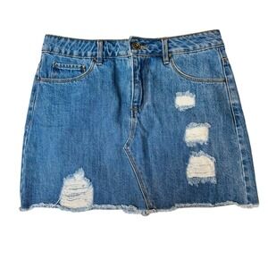 a loves a Distressed Denim Jean Mini Skirt Blue Size 27 Raw Hem Festival Concert